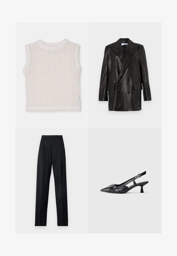 Musta nahkainen kaksirivinen bleiseri leveillä kauluksilla, etutaskuilla ja napitusyksityiskohdilla. Säihkeä pinta ja muotoiltu siluetti.; Hihaton valkoinen toppi, jossa on ribbitettu pinta, pyöreä pääntie ja avoin neulontasuunnittelu. Yksinkertainen ja rento siluetti.; Musta housut, jotka on valmistettu sileästä kankaasta ja joissa on korkea vyötärö, leveät lahkeet, etukaarteet ja klassiset vyölenkit. Ei näkyviä sivutaskuja.; Mustat nahkakengät, joissa on avonainen takaosa ja kärjessä terävä muoto, koristevyöt, joissa on metalliset reiät, sekä matala lohkoepohja. Teksturoitu pinta.