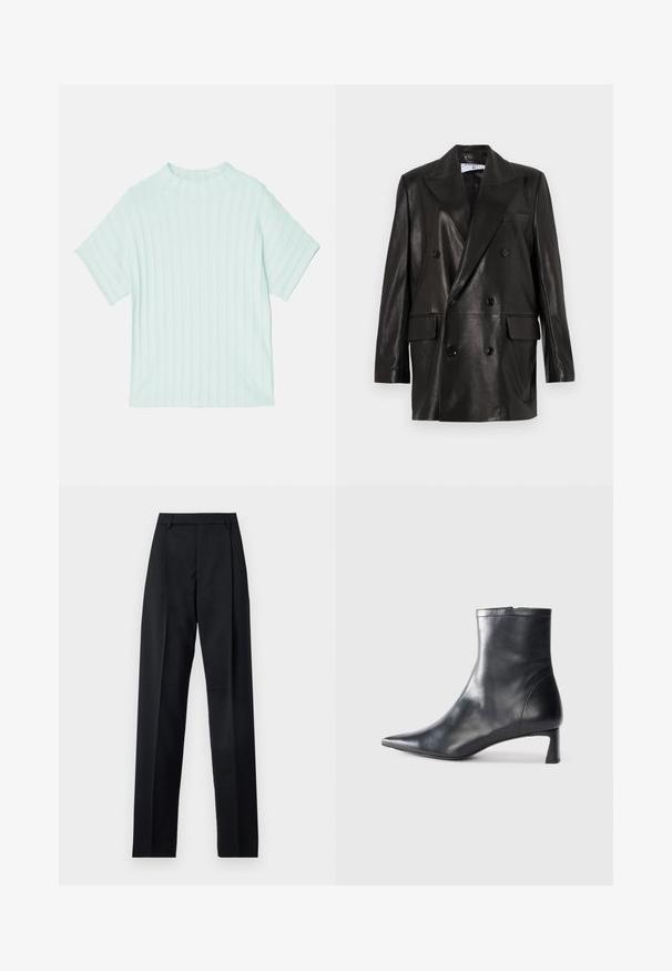 Blazer din piele neagră, cu două rânduri de nasturi, guler larg, buzunare frontale și accente din nasturi. Textură netedă cu o siluetă croită.; Filippa K MOCK NECK - Tricou basic - mint green; Pantaloni negri dintr-un material neted, cu talie înaltă, picioare largi, pliuri frontale și loop-uri clasice pentru curea. Fără buzunare laterale vizibile.; Cizmă de gleznă din piele neagră cu vârf ascuțit și un design elegant. Dispune de un toc mic și de o închidere cu fermoar la spate. Textură netedă.