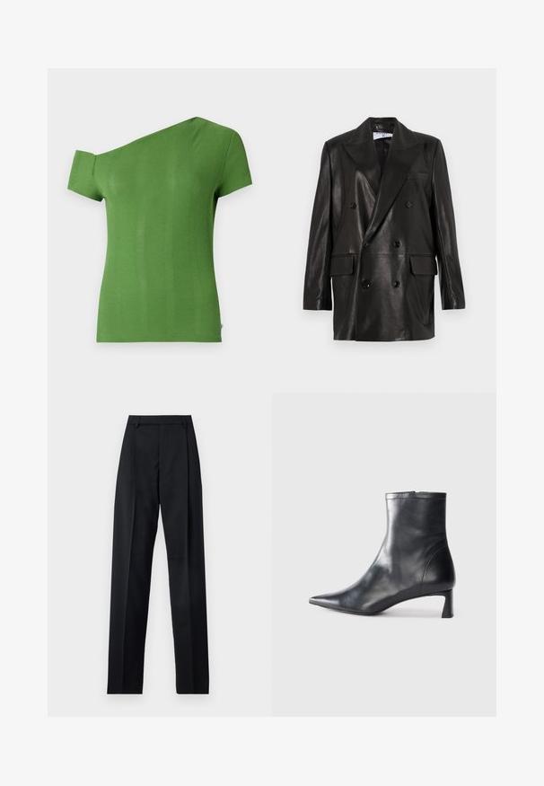 Melnas ādas divrindu žakete ar plašiem atlokiem, priekšējām kabatām un pogu akcentiem. Gluda tekstūra ar pielāgotu siluetu.; Zaļš rievots T-krekls ar vienu plecu dizainu. Īsais piedurkne vienā pusē un pieguļošs griezums. Gluda tekstūra un vidēja garuma maliņa.; Melnas bikses, izgatavotas no gludas auduma, ar augstu vidukli, platiem bikšu galdniekiem, priekšējiem krokām un klasiskām jostu cilpām. Sānu kabatas nav redzamas.; Melnas ādas potītes zābaki ar norādītu pirkstu un elegantu dizainu. Iezīmē zemu papēdi un rāvējslēdzēja aizdari aizmugurē. Gluda tekstūra.