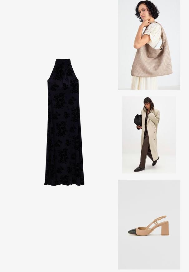 Bēšas divrindas mētelis ar zelta pogām, apvienots ar brūnu uzvalku un melniem ikdienas apaviem; rokā tur melnu rokassomu.; Garšs halter-neck kleita tumši zila auduma ar reljefu ziedu rakstu. Maigi plūst no pieguloša korpusa uz pilnu svārku.; Bežs slingback apavs ar melnu kapu, kvadrātveida augstu papēdi un diviem siksnu akcentiem, izgatavots no gludas materiāla.; Austa bežā auduma soma ar mīkstu dizainu un vienu pleca siksnu. Virsma rotāta ar teksturētu rakstu.