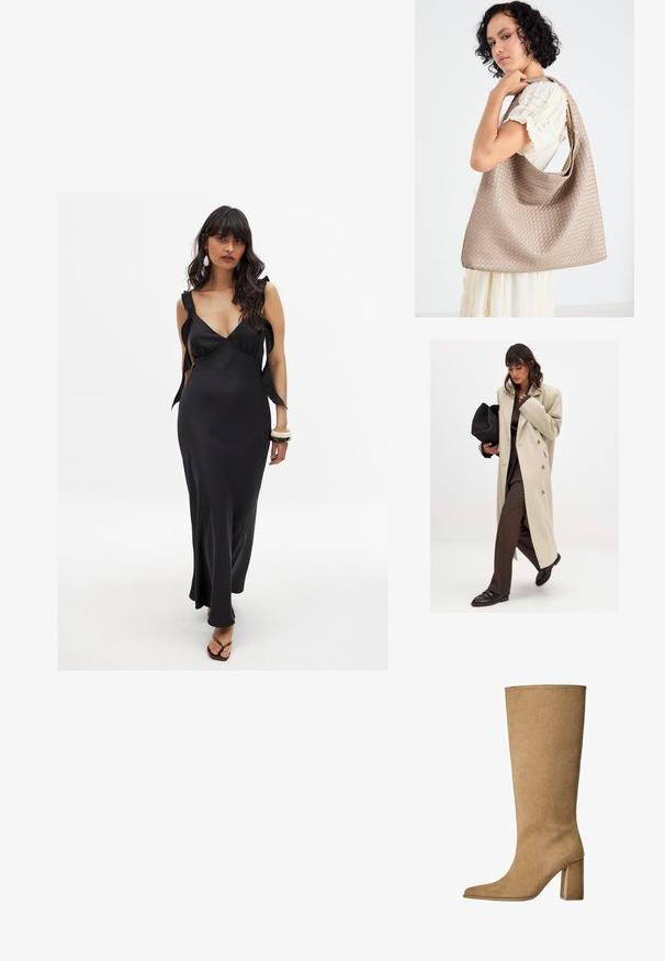 Cappotto beige doppiopetto con bottoni dorati, abbinato a un completo marrone e scarpe nere basse; con una borsa a mano nera.; Abito in satin nero con scollatura profonda, spalline larghe legate alle spalle e una silhouette lunga e fluente, che mette in risalto la figura.; Stivale al ginocchio in suede beige con tacco a blocco, caratterizzato da una punta affusolata e una superficie liscia. Design minimalista senza decorazioni.; Borsa tote beige intrecciata con un design morbido e una sola tracolla. Presenta un motivo Texturizzato su tutta la superficie.