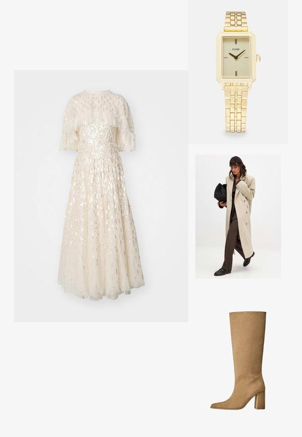 Beige dobbeltbrystet frakke med guldknapper, parret med en brun dragt og sorte flade sko; holder en sort clutch taske.; Needle & Thread SEQUIN DASH CAPE ANKLE GOWN - Gallakjole - cream; Tan ruskinds knæhøje støvler med blokhæle, der har en spids tå og en glat overflade. Minimalistisk design uden udsmykninger.; Guldrammet firkantet armbåndsur med en struktureret lysegrøn urskive, to sorte time markører, et guldmetal armbånd og et minimalistisk design.