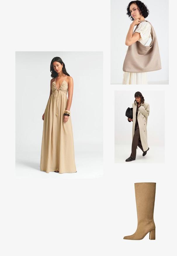 Beige dubbelzijdig jasje met gouden knopen, gedragen met een bruine pak en zwarte platte schoenen; houdend een zwarte clutch tas.; Lange, beige maxijurk met een diepe V-hals, geplooide borst en verstelbare strik. Lichtgewicht stof valt losjes tot op de vloer.; Tan kleurige suède laarzen tot de knie met een blokhak, voorzien van een spitse neus en een gladde textuur. Minimalistisch ontwerp zonder versieringen.; Geweven beige draagtas met een slungelige vorm en een enkele schouderband. Kenmerkt zich door een textuurpatroon over het hele oppervlak.