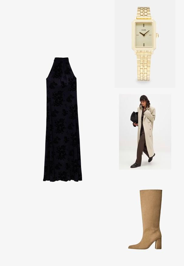 Beige double-breasted coat with gold buttons, paired with a brown suit and black flat shoes; holding a black clutch bag.; Long, halter-neck dress in dark navy fabric with a textured floral pattern. Flows softly from a fitted bodice to a full skirt.; Tan suede knee-high boot with a block heel, featuring a pointed toe and smooth texture. Minimalistic design with no embellishments.; Woven beige tote bag with a slouchy design and a single shoulder strap. Features a textured pattern throughout the surface.; Gold rectangular wristwatch with a textured light green dial, two black hour markers, a gold metal bracelet, and a minimalist design.