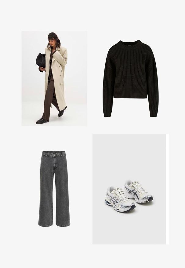 Beige dubbelknäppt kappa med guldfärgade knappar, kombinerad med en brun kostym och svarta platta skor; håller en svart clutchväska.; Svart stickad tröja med ribbad struktur, rund halsringning och långa ärmar. Kort design med en lös passform. Inga synliga mönster eller metalldelar.; Breda byxor i blekt svart denim med klassisk knappknäppning, femfickorsdesign och en något texturerad yta.; Vita och silverfärgade sportskor med nätmaterial, en dämpad sula, svarta accenter och ett mönstrat yttersula. Har snörning och märkesdetaljer.