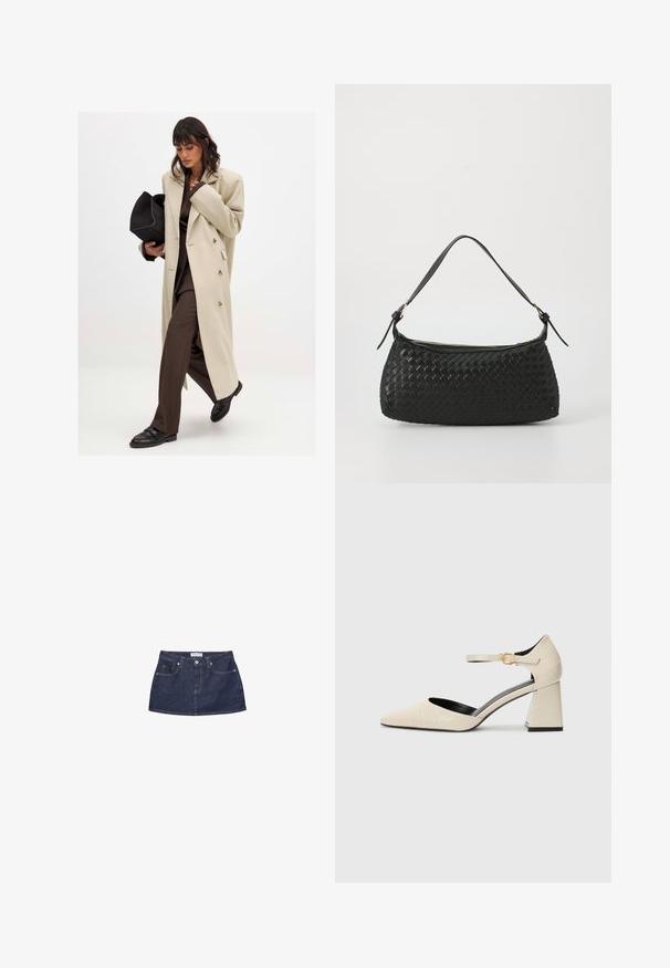 Beige dobbeltbrystet frakke med guldknapper, parret med en brun dragt og sorte flade sko; holder en sort clutch taske.; Lys grå strikket sweater med rund halsudskæring, sænkede skuldre og lange ærmer. Blød tekstur med ribbet kant og manchetter.; Denim mini nederdel i mørkeblå med en tætsiddende talje, frontlommer og en metalknaplukning. Glat tekstur og klassisk snit.; Beige faux læder sko med blokhæl, spids tå, ankelsnap og subtile krokodillemønster detaljer. Sort inderfor.; Sort vævet skuldertaske med en glat læderrem og lynlåslukning. Har en tekstureret overflade og en buet form.