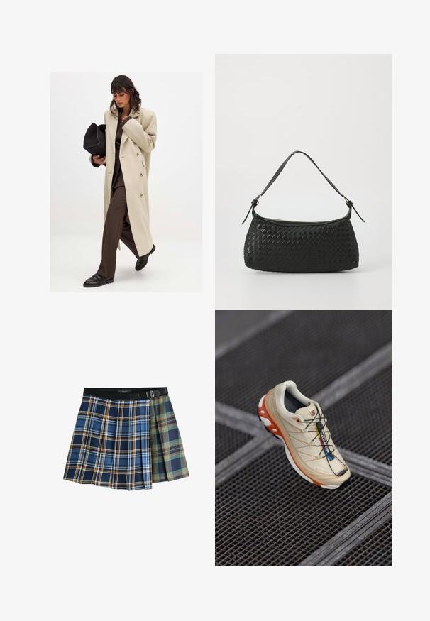 Beige dubbelzijdig jasje met gouden knopen, gedragen met een bruine pak en zwarte platte schoenen; houdend een zwarte clutch tas.; Lichtgrijze gebreide trui met een ronde hals, verlaagde schouders en lange mouwen. Zachte textuur met geribbelde onderrand en manchetten.; Plissé mini skirt met tweekleurig ruitpatroon in blauw, oranje, groen en marineblauw, met een zwarte tailleband en gesp.; Beige hardloopschoen met oranje accenten, ontworpen met een gestructureerde bovenkant, zwarte buitenzool en geïntegreerde veters. Bevat GORE-TEX branding.; Zwarte geweven schoudertas met een gladleren schouderband en rits sluiting. Heeft een gestructureerd oppervlak en een gebogen vorm.