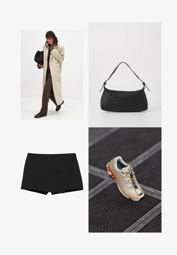Beige dobbeltbrystet frakke med guldknapper, parret med en brun dragt og sorte flade sko; holder en sort clutch taske.; Lys grå strikket sweater med rund halsudskæring, sænkede skuldre og lange ærmer. Blød tekstur med ribbet kant og manchetter.; Sorte, letvægts shorts med indpakningsdesign. Har en glat overflade og skarpe kanter. Lige kant og ingen synlige lukninger.; Beige løbesko med orange accenter, designet med en tekstureret overdel, sort ydersål og integrerede snørebånd. Har GORE-TEX branding.; Sort vævet skuldertaske med en glat læderrem og lynlåslukning. Har en tekstureret overflade og en buet form.