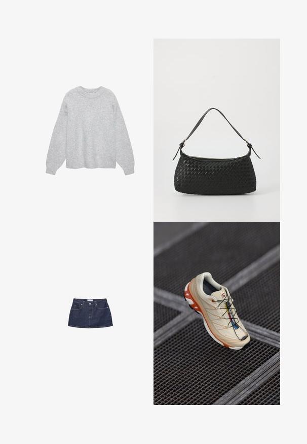 Manteau beige croisé avec des boutons dorés, associé à un costume marron et des chaussures plates noires ; tenant une pochette noire.; Pull en maille gris clair avec un col rond, des épaules tombantes et des manches longues. Texture douce avec un ourlet et des poignets côtelés.; Mini-jupe en denim bleu foncé avec une taille ajustée, des poches avant et une fermeture à bouton métallique. Texture lisse et coupe classique.; Baskets de course beiges avec des accents orange, conçues avec un dessus texturé, une semelle extérieure noire et des lacets intégrés. Présente un logo GORE-TEX.; Sac à épaule tissé noir avec une bandoulière en cuir lisse et une fermeture éclair. Présente une surface texturée et une forme courbée.