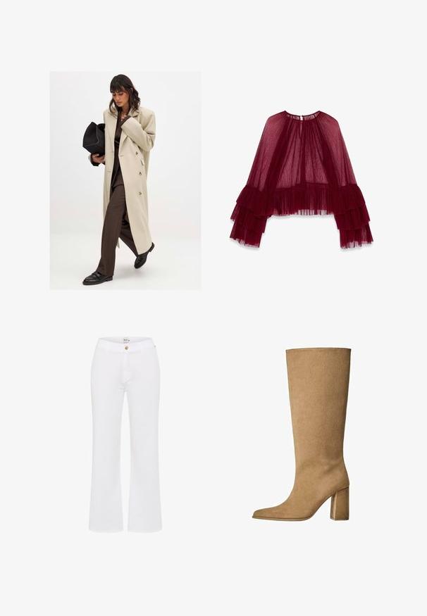Beige double-breasted coat with gold buttons, paired with a brown suit and black flat shoes; holding a black clutch bag.; Burgundy sheer top featuring a high neckline, layered pleated design, and flared sleeves with ruffled accents. Textured fabric.; White, flared trousers made of cotton with a front button closure and belt loops, featuring a smooth texture and tailored design.; Tan suede knee-high boot with a block heel, featuring a pointed toe and smooth texture. Minimalistic design with no embellishments.