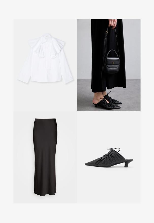 Beige kaksirivinen takki, jossa on kultaiset napit, yhdistetty ruskeaan pukuun ja mustiin tasapohjaisiin kenkiin; pitää mustaa laukkuclutchia.; Valkoinen puuvillapaita, jossa on suuri, röyhelöity kaulus ja pitkät hihat. Paidassa on nappikiinnitys edessä ja suora siluetti.; Mustat, lattiaan ulottuvat satiinihameet, joissa on sileä tekstuuri, istuva vyötärö ja A-linjainen siluetti, ilman näkyviä koristeluja tai kuvioita.; Mustat nahkaiset liukukengät teräväkärkisillä, kerätyillä yksityiskohdilla ja pienellä kissan korolla. Avauksessa on narukiinnitys.; Pieni musta nahkabag, jonka muoto on pyöreä, yläkahva ja irrotettava olkahihna. Yhdistetty mustan kankaan mekkoon ja mustiin plissee-kenkään.