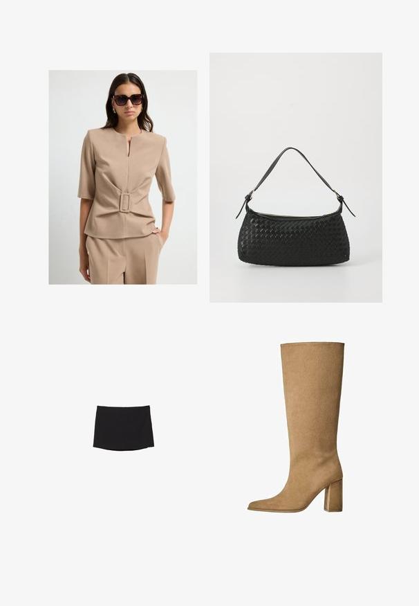 Manteau beige croisé avec des boutons dorés, associé à un costume marron et des chaussures plates noires ; tenant une pochette noire.; Haut tissé beige à manches courtes, mettant en avant une ceinture carrée au niveau de la taille. Texture douce et design minimaliste.; Minijupe noire en tissu lisse et extensible ; présente une coupe droite avec un ourlet subtil et sans fermetures ni motifs visibles.; Botte en daim beige montant jusqu'au genou avec un talon carré, dotée d'un bout pointu et d'une texture lisse. Design minimaliste sans embellissements.; Sac à épaule tissé noir avec une bandoulière en cuir lisse et une fermeture éclair. Présente une surface texturée et une forme courbée.