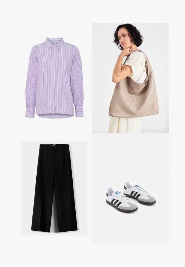 Beige dobbeltbrystet frakke med guldknapper, parret med en brun dragt og sorte flade sko; holder en sort clutch taske.; Lilla og hvid stribet langærmet skjorte med knaplukning foran og en enkelt brystlomme. Har en klassisk krave og en afslappet pasform.; Sorte brede bukser lavet af letvægtsstof, med frontknaplukning og glat front, samt pænt syede kanter.; Sportsko med en overdel i hvid læder, grå ruskind på tåen og tre sorte striber. Har et blåt logo på tungen og en struktureret gummisål.; Vævet beige tote taske med et afslappet design og en enkelt skulderrem. Har et struktureret mønster over hele overfladen.