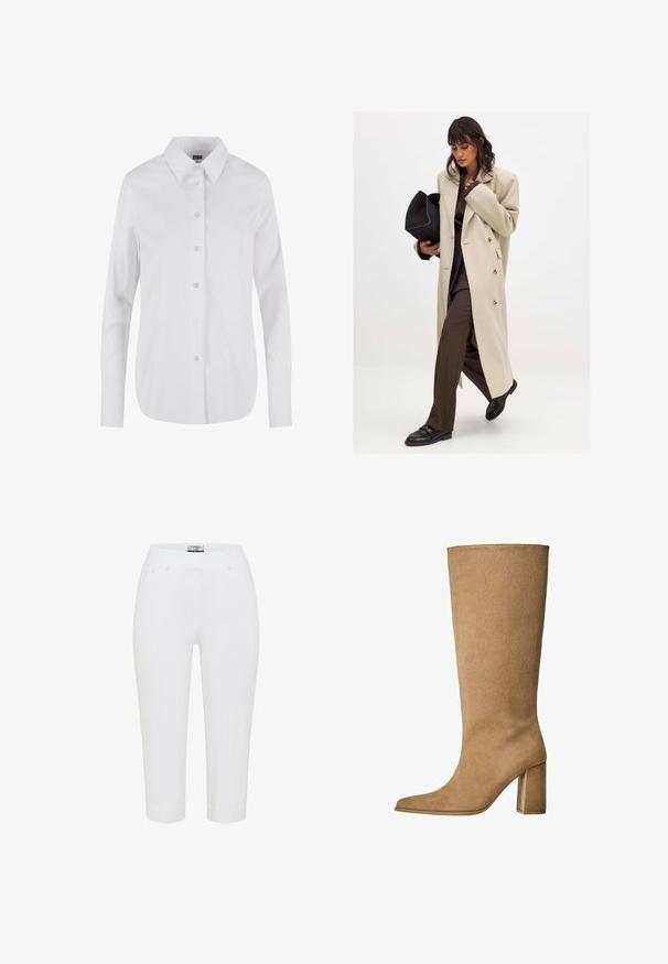 Beige double-breasted coat with gold buttons, paired with a brown suit and black flat shoes; holding a black clutch bag.; White long-sleeve button-up shirt featuring a classic collar, smooth texture, and six front buttons. Tailored fit with a curved hem.; White capri pants made of soft fabric, featuring a pull-on elastic waistband, five-pocket design, and stitched detailing at the hem.; Tan suede knee-high boot with a block heel, featuring a pointed toe and smooth texture. Minimalistic design with no embellishments.