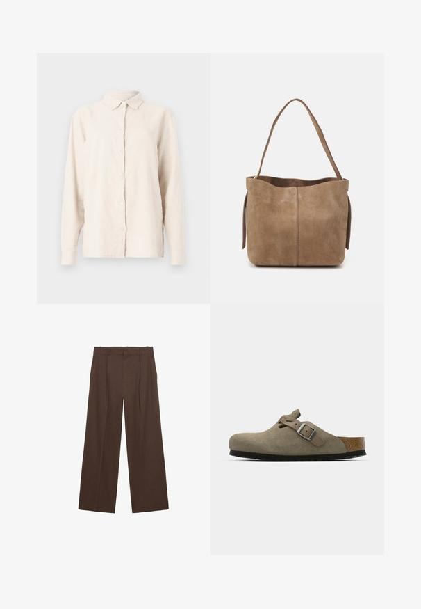Beige dubbelknäppt kappa med guldfärgade knappar, kombinerad med en brun kostym och svarta platta skor; håller en svart clutchväska.; Ljust beige linnen skjorta med knapprad, spetsig krage och långa ärmar. Tyget har en strukturerad, något rynkig yta.; Bruna vida byxor tillverkade av ett mjukt tyg, med hög midja, framtida veck och två sidofickor.; Mockasiner i mocka i ljus olivgrön med en formad kork- och gummisula. Har ett sidclicked band med en metallspänne och en rundad tå.; Brun mockaskväsk med en mjuk textur, öppen topp och en enda axelrem. Har en slät yta och minimal detaljering.