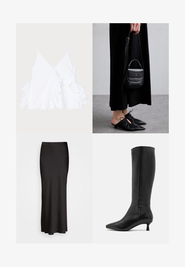 Beige double-breasted coat with gold buttons, paired with a brown suit and black flat shoes; holding a black clutch bag.; White sleeveless top featuring a deep V-neckline and ruffled accents on both sides, made of smooth fabric with a clean finish.; Black, floor-length satin skirt with a smooth texture, fitted waistband, and A-line silhouette, featuring no visible embellishments or patterns.; Zign Boots - black; Small black leather handbag with a rounded shape, top handle, and removable strap. Worn with black fabric dress and black pleated shoes.