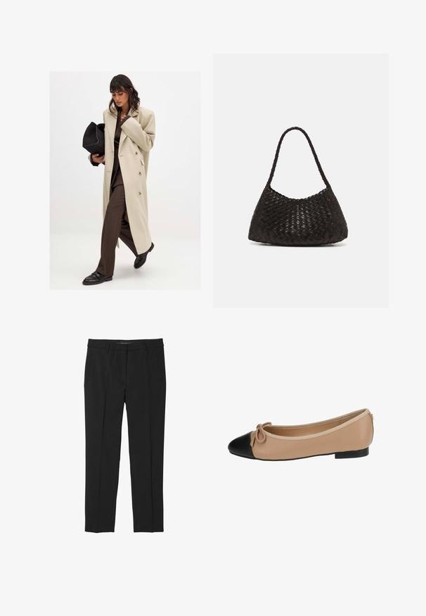 Beige kaksirivinen takki, jossa on kultaiset napit, yhdistetty ruskeaan pukuun ja mustiin tasapohjaisiin kenkiin; pitää mustaa laukkuclutchia.; Valkoinen lyhythihainen t-paita pehmeästä kankaasta, jossa on pyöreä kaula-aukko ja käännetyt hihansuut, takana näkyvä etiketti.; Mustat housut sileästä kankaasta, suoranlahkeinen malli, etutaskut ja litteä vyötärö missä ei ole näkyviä kiinnityksiä.; Beige nahka ballet-tossut, joissa on musta kärki. Ominaisuuksiin kuuluu edessä oleva nauhakulma ja sileä pinta. Matala profiili, jossa on kumipohja.; DRAGON DIFFUSION ROSANNA - Käsilaukku - dark brown