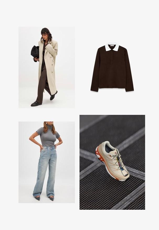 Abrigo beige de doble botonadura con botones dorados, combinado con un traje marrón y zapatos planos negros; sosteniendo un bolso de mano negro.; Camisa polo de manga larga en tejido marrón oscuro con un cuello texturizado blanco y placket de tres botones. Material suave y cómodo.; Mujer de pie con las manos en las caderas, vistiendo un suéter de cuello alto gris ajustado de manga corta, unos vaqueros palazzo de mezclilla azul claros y unos zapatos de punta grises.; Zapatilla de correr beige con acentos naranjas, diseñada con una parte superior texturizada, suela negra y cordones integrados. Presenta la marca GORE-TEX.