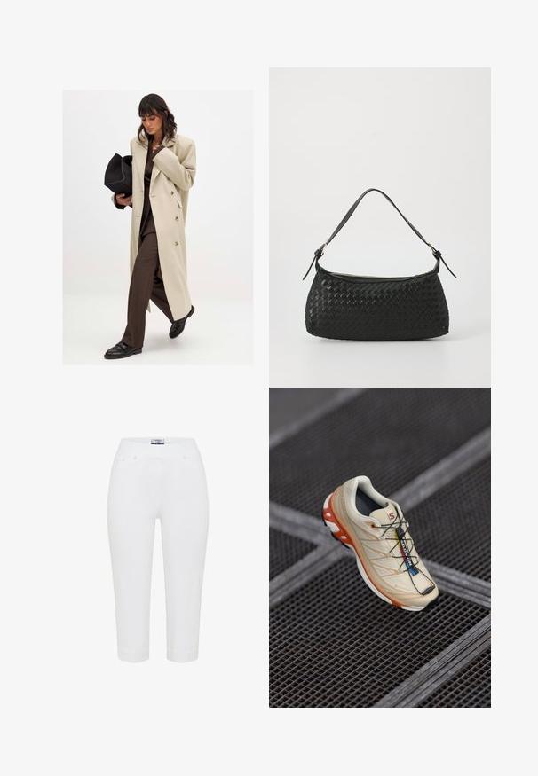 Beige Doppelreiher-Mantel mit goldenen Knöpfen, kombiniert mit einem braunen Anzug und schwarzen flachen Schuhen; hält eine schwarze Clutch.; Langärmliges Poloshirt aus dunkelbraunem Stoff mit einem weißen, strukturierten Kragen und einer Drei-Knopf-Leiste. Glattes, angenehmes Material.; Weiße Caprihosen aus weichem Stoff, mit einem elastischen Bund zum Hineinschlüpfen, Fünf-Taschen-Design und genähten Details am Saum.; Beige Laufschuh mit orangefarbenen Akzenten, entworfen mit einem strukturierten Obermaterial, schwarzem Außensohlen und integriertem Schnürsystem. Verfügt über GORE-TEX-Branding.; Schwarze geflochtene Schultertasche mit einem glatten Ledertragegurt und Reißverschluss. Verfügt über eine strukturierte Oberfläche und eine gebogene Form.