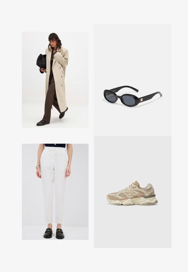 Cappotto beige doppiopetto con bottoni dorati, abbinato a un completo marrone e scarpe nere basse; con una borsa a mano nera.; Top bianco senza maniche con scollatura quadrata, texture liscia e design aderente. Realizzato in tessuto leggero.; Pantaloni bianchi su misura con vita alta, design a gamba dritta e texture liscia. Abbinati a mocassini neri con accenti dorati.; Scarpe da ginnastica beige con materiali in rete e suede, punta rotonda, suola spessa e notevoli dettagli riflettenti sui lati.; Occhiali da sole ovali neri con lenti scure, montatura in plastica lucida, aste larghe e un piccolo accent in oro su un lato.