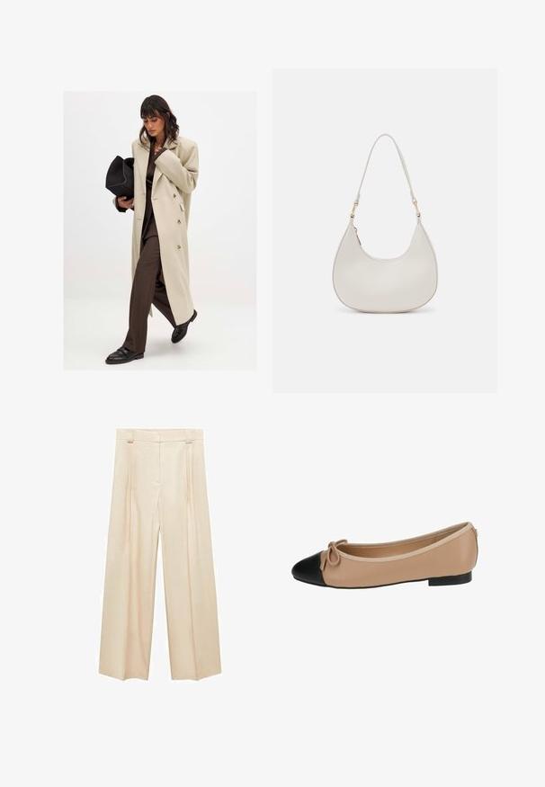 Beige double-breasted coat with gold buttons, paired with a brown suit and black flat shoes; holding a black clutch bag.; White sleeveless tank top with a square neckline, smooth texture, and a form-fitting design. Made from lightweight fabric.; Mango Trousers - beige; Ballet flat in beige leather with a black cap toe. Features a front bow detail and a smooth texture. Low profile design with a rubber sole.; Cream leather shoulder bag with a crescent shape, thin strap, and subtle stitching detail. Minimalist design with gold-tone hardware accents.