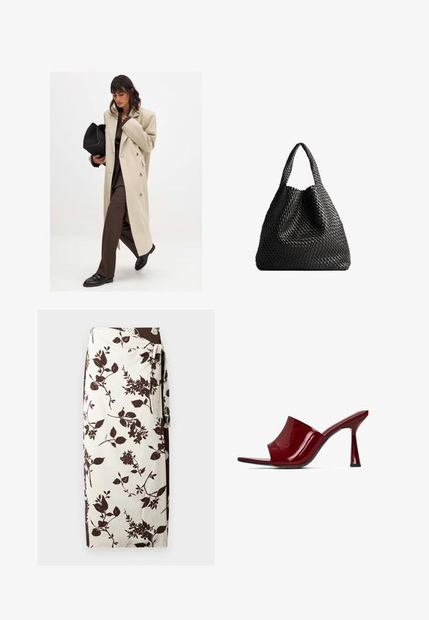 Manteau beige croisé avec des boutons dorés, associé à un costume marron et des chaussures plates noires ; tenant une pochette noire.; T-shirt blanc uni en coton avec un col rond, des manches courtes et une coupe décontractée. Texture lisse sans motifs ni accents.; Jupe portefeuille à motif floral avec une base crème et des designs botaniques marron foncé. Fabriquée en tissu lisse, elle présente une fermeture à nouer à la taille.; Mules à talons en cuir verni rouge avec une ouverture à l'avant, un dessus incurvé et un talon fin. Texture lisse avec une finition brillante et un design minimaliste.; Sac fourre-tout noir tissé avec deux poignées. Texture douce, design moelleux et grande forme arrondie. Pas de quincaillerie ni d'accents visibles.