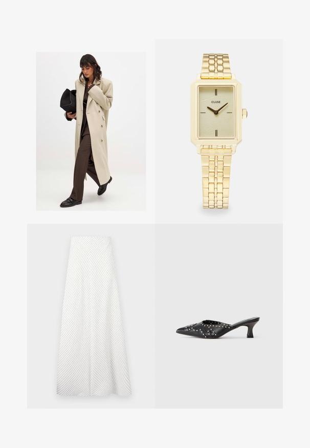 Beige dobbeltbrystet frakke med guldknapper, parret med en brun dragt og sorte flade sko; holder en sort clutch taske.; Sort bustier med justerbare spaghetti-stropper, der har et tekstureret leopardprintmønster og en struktureret paneldesign.; Hvid nederdel med diagonale navy striber, let svævende design og en glat tekstur. Har høj talje og en rummelig A-form.; Sort læder spidse mulesko med nitterede dekorative mønstre og en kort, skrå kitten-heel.; Guldrammet firkantet armbåndsur med en struktureret lysegrøn urskive, to sorte time markører, et guldmetal armbånd og et minimalistisk design.
