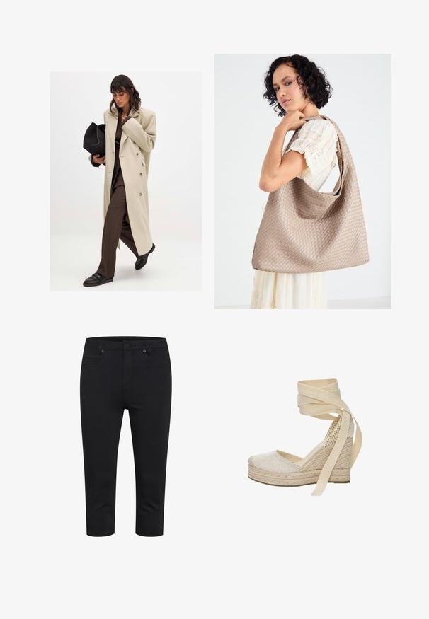 Beige Doppelreiher-Mantel mit goldenen Knöpfen, kombiniert mit einem braunen Anzug und schwarzen flachen Schuhen; hält eine schwarze Clutch.; Schwarzes Bustier mit verstellbaren Spaghetti-Trägern, das mit einem strukturierten Leopardenmuster und einem gefächerten Design versehen ist.; Schwarze, körpernahe, verkürzte Hose mit frontalem Knopf- und Reißverschluss sowie Vorder- und Gesäßtaschen, auf weißem Hintergrund präsentiert.; Beige Espadrille-Wedge mit einem strukturierten Obermaterial aus Stoff, Jute-Plattform und langen Stoff-Ankle-Bändern. Mit einer abgerundeten Zehenpartie und einem geflochtenen Fersendetail.; Beige Woven Tote Bag mit lässigem Design und einem einzelnen Schulterriemen. Verfügt über ein strukturiertes Muster auf der gesamten Oberfläche.; Goldenes rechteckiges Armbanduhr mit einem strukturierten hellgrünen Zifferblatt, zwei schwarzen Stundenmarkierungen, einem goldenen Metallarmband und einem minimalistischen Design.