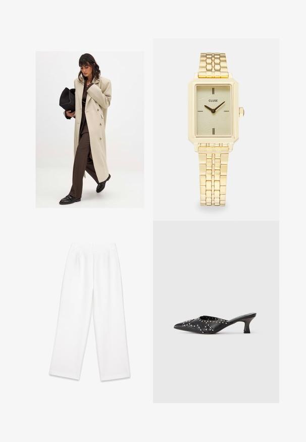 Beżowy płaszcz dwurzędowy z złotymi guzikami, w połączeniu z brązowym garniturem i czarnymi płaskimi butami; trzymając czarną kopertówkę.; Czarny gorset z regulowanymi cienkimi ramiączkami, ozdobiony teksturowanym wzorem w panterkę oraz strukturalnym panelem.; Białe, szerokie spodnie z gładkiego materiału, z przodu z zakładkami, zapinane na zamek błyskawiczny, z paskami na pasek. Brak widocznych wzorów lub akcentów.; Czarne skórzane mule ze szpiczastym noskiem, zdobione wszytymi wzorami i krótkim, ukośnie ustawionym obcasem typu kitten.; Złoty prostokątny zegarek na rękę z teksturowaną, jasnoskalną tarczą, dwoma czarnymi znacznikami godzin, złotą bransoletą i minimalistycznym designem.