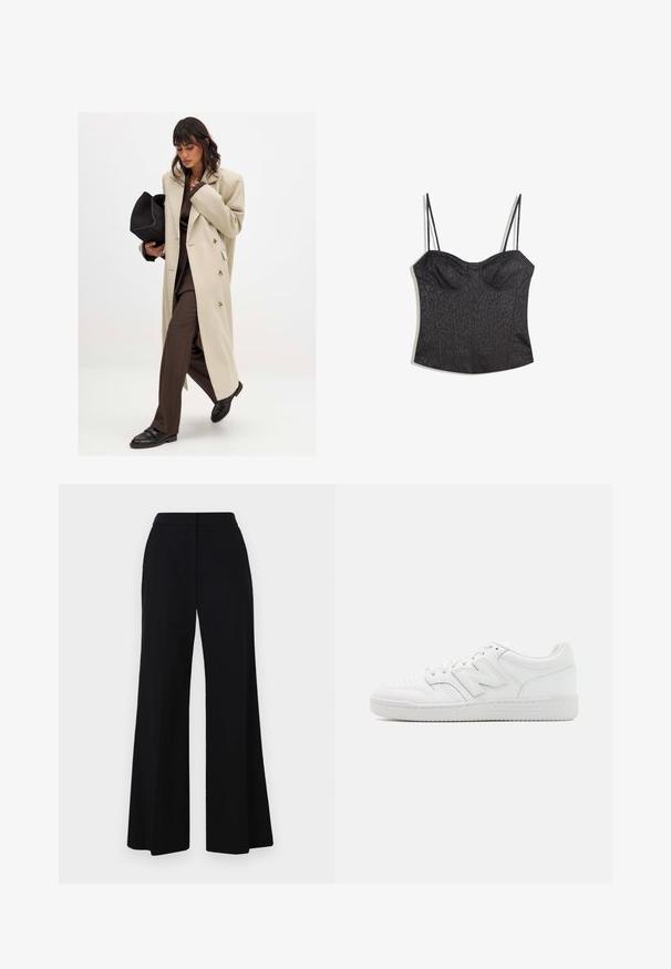 Beige Doppelreiher-Mantel mit goldenen Knöpfen, kombiniert mit einem braunen Anzug und schwarzen flachen Schuhen; hält eine schwarze Clutch.; Schwarzes Bustier mit verstellbaren Spaghetti-Trägern, das mit einem strukturierten Leopardenmuster und einem gefächerten Design versehen ist.; Schwarze weit geschnittene Hose mit hohem Bund, glattem Stoff und klaren Linien. Keine sichtbaren Beschläge oder Muster.; Weiße Sneaker aus glattem Leder, mit perforierter Zehenpartie, einer strukturierten Gummisohle, flachen Schnürsenkeln und einem auffälligen 'N'-Logo an der Seite.