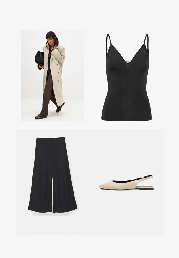 Béžový dvojradový kabát so zlatými gombíkmi, kombinovaný s hnedým oblekom a čiernymi plochými topánkami; drží čiernu kabelku.; Čierna, priliehavá tielko s nastaviteľnými tenkými ramienkami, výstrihom do V, bezšvovým dizajnom a hladkou textúrou. Vyrobené z mäkkého, elastického materiálu.; Čierne široké nohavice s rozparkom vpredu, s hladkou textúrou a kontrastným bielym lemom na spodnom okraji. Zadné zapínanie na zips.; Bežové kožené sandaľové ploché topánky s špicatou špičkou, minimalistickým dizajnom, hladkou textúrou a nízkou čiernou podrážkou.