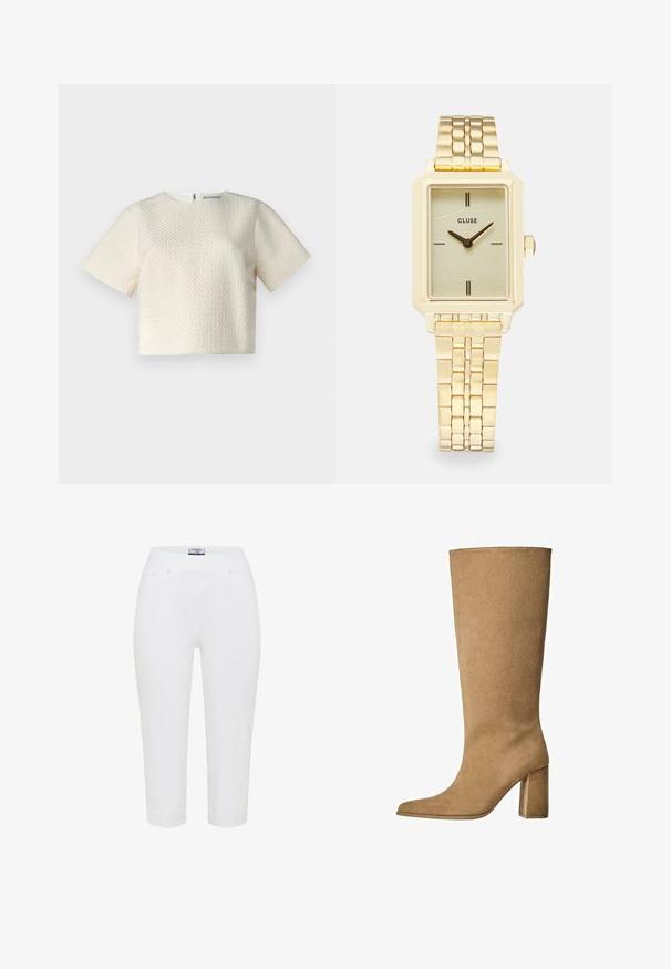 Beige Doppelreiher-Mantel mit goldenen Knöpfen, kombiniert mit einem braunen Anzug und schwarzen flachen Schuhen; hält eine schwarze Clutch.; Weißes, strukturiertes Cropped-Top mit kurzen Ärmeln, rundem Ausschnitt und einem Reißverschluss auf der Rückseite. Glatte Stoffqualität mit einem subtilen geometrischen Muster.; Weiße Caprihosen aus weichem Stoff, mit einem elastischen Bund zum Hineinschlüpfen, Fünf-Taschen-Design und genähten Details am Saum.; Hellbraune Wildleder-Stiefel bis zum Knie mit Blockabsatz, spitz zulaufender Zehenform und glatter Textur. Minimalistisches Design ohne Verzierungen.; Goldenes rechteckiges Armbanduhr mit einem strukturierten hellgrünen Zifferblatt, zwei schwarzen Stundenmarkierungen, einem goldenen Metallarmband und einem minimalistischen Design.