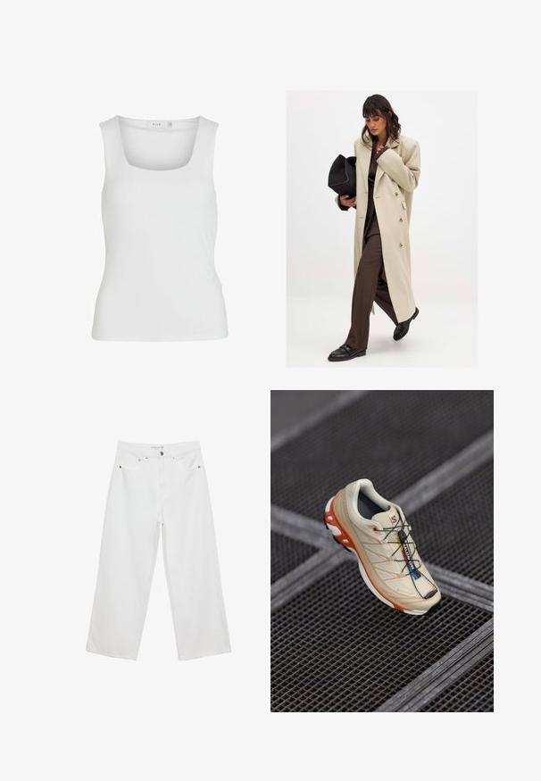 Beige Doppelreiher-Mantel mit goldenen Knöpfen, kombiniert mit einem braunen Anzug und schwarzen flachen Schuhen; hält eine schwarze Clutch.; Weißes ärmelloses Tanktop mit quadratischem Ausschnitt, glatter Textur und figurnahen Schnitt. Hergestellt aus leichtem Material.; Weiße Jeans im weit geschnittenen Design aus Denim mit hoher Taille, ausgestattet mit fünf Taschen und Metallbeschlägen. Glatte Textur, keine sichtbaren Muster.; Beige Laufschuh mit orangefarbenen Akzenten, entworfen mit einem strukturierten Obermaterial, schwarzem Außensohlen und integriertem Schnürsystem. Verfügt über GORE-TEX-Branding.