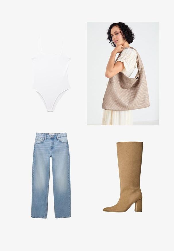 Beige dobbeltbrystet frakke med guldknapper, parret med en brun dragt og sorte flade sko; holder en sort clutch taske.; Hvid én-delt badedragt med høj skæring, tynde skulderstropper og et glat, elastisk stof. Minimalistisk design uden mønstre eller detaljer.; Lyseblå denimbukser med lige ben, fem-pockets stil og synlige syninger. Stofmaterialet har en blød, let falmet tekstur.; Tan ruskinds knæhøje støvler med blokhæle, der har en spids tå og en glat overflade. Minimalistisk design uden udsmykninger.; Vævet beige tote taske med et afslappet design og en enkelt skulderrem. Har et struktureret mønster over hele overfladen.