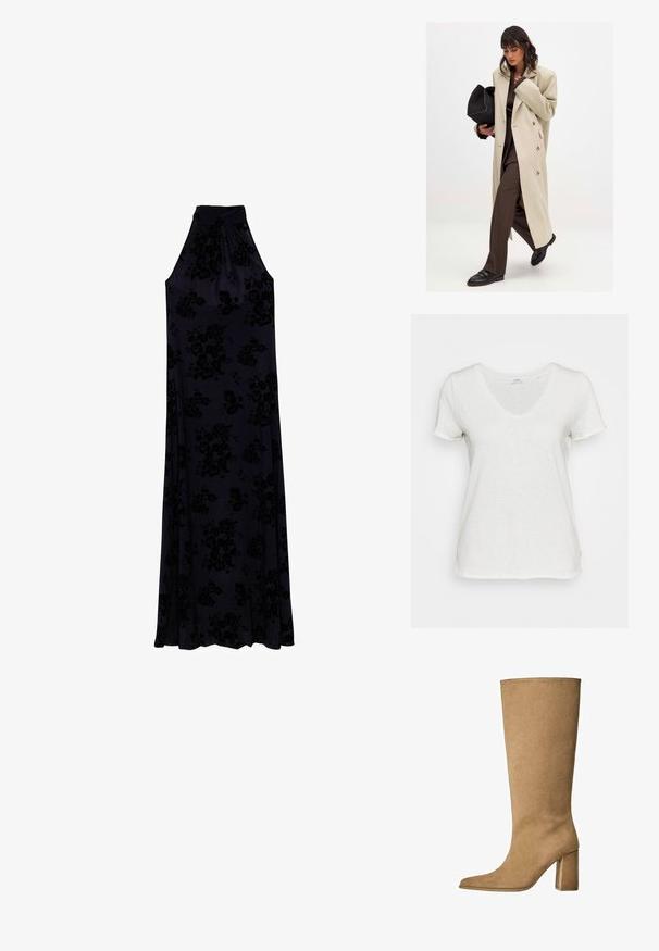 Beige double-breasted coat with gold buttons, paired with a brown suit and black flat shoes; holding a black clutch bag.; White V-neck t-shirt made from soft, textured fabric. Short sleeves and a relaxed fit with no visible patterns or accents.; Long, halter-neck dress in dark navy fabric with a textured floral pattern. Flows softly from a fitted bodice to a full skirt.; Tan suede knee-high boot with a block heel, featuring a pointed toe and smooth texture. Minimalistic design with no embellishments.; Woven beige tote bag with a slouchy design and a single shoulder strap. Features a textured pattern throughout the surface.