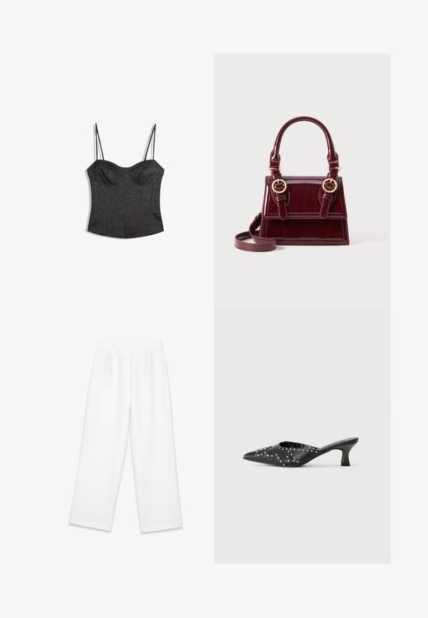 Béžový dvojradový kabát so zlatými gombíkmi, kombinovaný s hnedým oblekom a čiernymi plochými topánkami; drží čiernu kabelku.; Čierny korzet s nastaviteľnými ramienkami, s textúrovaným vzorom leopardie kože a štruktúrovaným panelovým dizajnom.; Biele široké nohavice s hladkým povrchom, s prednými záhybmi, so zipsovým uzáverom a pútkami na opasok. Žiadne viditeľné vzory ani akcenty.; Čierne kožené špičaté muly s dekoratívnymi hrotmi a krátkym, šikmým podpätkom.; Bordová lesklá kožená kabelka s dvojitými hornými rúčkami, zlato kovovými akcentmi a odnímateľným ramenným popruhom. Obdĺžnikový tvar s kontrastným prešívaním.; Zlaté obdĺžnikové náramkové hodinky s textúrovaným svetlozeleným ciferníkom, dvoma čiernymi hodinovými značkami, zlatým kovovým náramkom a minimalistickým dizajnom.