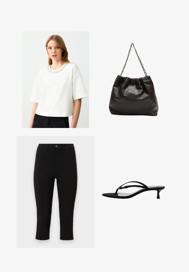 Beige Doppelreiher-Mantel mit goldenen Knöpfen, kombiniert mit einem braunen Anzug und schwarzen flachen Schuhen; hält eine schwarze Clutch.; Weißer, kurz geschnittener Sweatshirt mit kurzen Ärmeln und einem dekorativen, mit Juwelen besetzten Ausschnitt. Glatte Textur und minimalistisches Design.; Schwarze Capri-Hosen aus dehnbarem Stoff. Verfügt über frontale Taschen, einen Bund mit einem Metallknopf und gestickte Details.; Mango Zehentrenner - black; Braune Lederhandtasche mit gerafftem Oberteil und Kettenriemen. Glatte Textur mit glänzendem Finish und subtilen Nahtdetails an den Seiten.