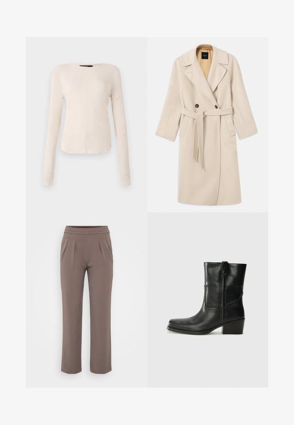 Cappotto doppiopetto in misto lana beige con ampi rever, due bottoni, tasche frontali e una cintura coordinata. Foderato in una tonalità più chiara.; Maglietta a maniche lunghe di colore beige chiaro con scollatura rotonda. Realizzata in tessuto morbido, presenta una cucitura centrale e un orlo leggermente curvato. Senza hardware visibile.; Pantaloni taupe a vestibilità ampia con elastico in vita e pieghe frontali, realizzati in tessuto morbido.; Stivale ankle in pelle nera con punta arrotondata, tacco a blocco, cerniera laterale e dettagli in cucitura sulla tomaia. Texture liscia, design classico.
