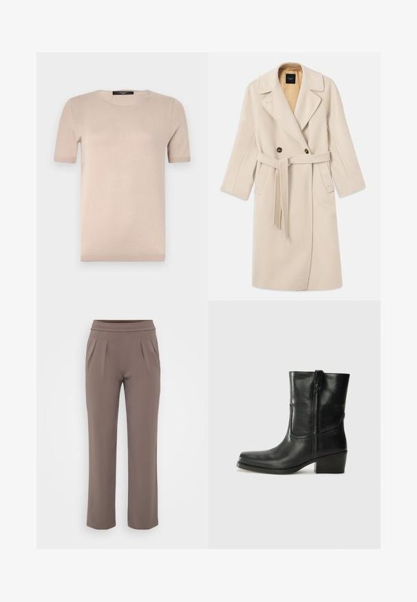 Béžový kabát z vlnenej zmesi s dvojitým zapínaním, veľkými klopami, dvoma gombíkmi, prednými vreckami a zodpovedajúcim pásom. Podšitý v svetlejšom odtieni.; Bežový pletený top s krátkym rukávom a okrúhlym výstrihom, s hladkou textúrou a ribbovaným lemom. Jednoduchý, klasický dizajn ideálny na vrstvenie.; Taupe voľné nohavice s elastickým pásom a prednými skladmi, vyrobené z hladkej látky.; Čierne kožené členkové topánky s okrúhlou špičkou, blokovým podpätkom, bočným zipsom a prešívaním na priehlavku. Hladká textúra, klasický dizajn.
