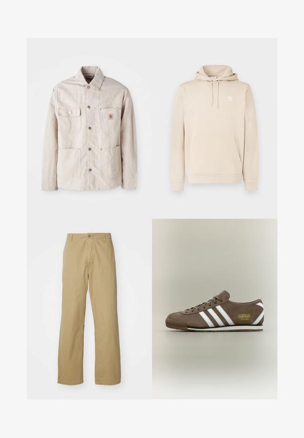 Casaco de trabalho bege feito de tecido durável, apresenta um fecho de botão de pressão na frente, dois bolsos no peito e um emblema no bolso esquerdo.; Camisola com capuz bege feita de tecido macio, com bolso canguru, capuz com cordão e logótipo branco da Adidas no peito. Mangas compridas com punhos canelados.; Calças de algodão cáqui com um corte reto, apresentando um fecho frontal por botão e bolsos laterais. Textura suave e resistente.; Sapatilha em camurça castanha com três riscas brancas, sola de borracha plana, biqueira redonda e logótipo dourado "adidas Italia" do lado.