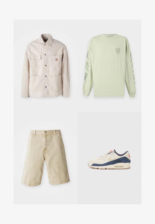 Bežinė darbo striukė, pagaminta iš tvirto audinio, turi spaudimo mygtukų priekį, dvi krūtinės kišenes ir logotipo pleistrą ant kairės kišenės.; Šviesiai žalias medvilninis marškinėliai ilgomis rankovėmis, su mažo logotipo spauda krūtinėje ir tamsiai žaliu abstrakčiu raštu ant rankovių.; Šviesiai smėlio spalvos džinsiniai šortai su tiesiu kirpimu, penkiais kišenėmis, priekiniu mygtuku ir užtrauktuku, bei subtiliu išblukimu ant audinio.; Bėgimo bateliai su kreminės odos ir tamsiai mėlyno zomšo viršutine dalimi, turintys matomą oro padą, smėlio spalvos guminiu padu ir raudonu akcentu ant kulno.