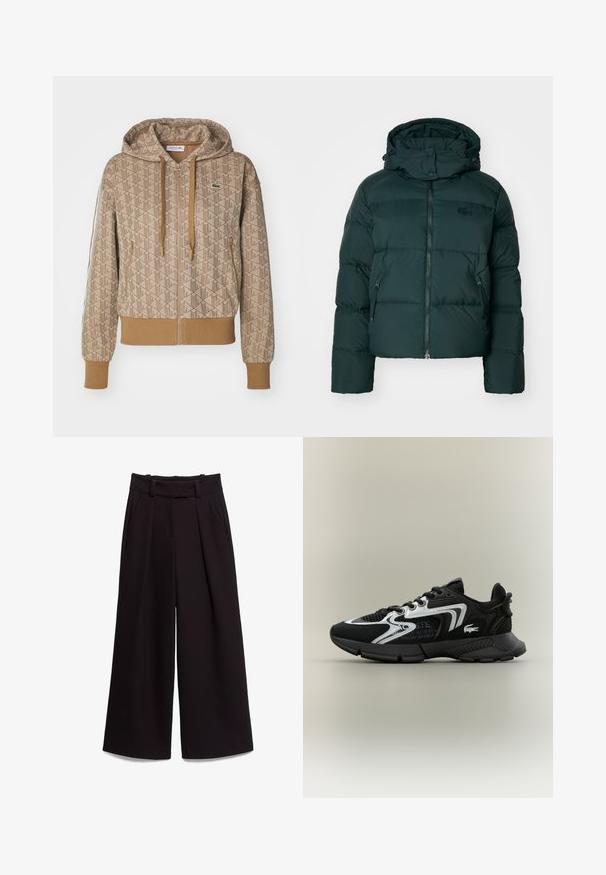 Groene pufferjack met een hoge kraag, ritssluiting aan de voorkant en zijzakken. Heeft een subtiele merklong op de borst en een capuchon.; Beige hooded zip-up sweatshirt met een geometrisch patroon, voorzien van ribgebreide manchetten, trekkoorden en een logo-accent op de borst.; Witte katoen t-shirt met een ronde hals, korte mouwen, een rechte snit en een gladde textuur. Geen patronen of versieringen.; Zwarte wijde broek van soepel materiaal, met een hoge taille, riemlussen en twee voorzakken. Geplooide ontwerpen voegen textuur toe.; Zwarte sportschoenen met gaaspanelen, zilveren accenten en gestructureerde zwarte overlays. Voorzien van veters en een gebogen, stevige buitenzool.