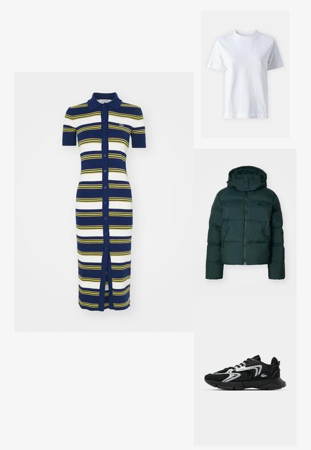 Zaļa pūkaina jaka ar augstu apkakli, ar rāvējslēdzēju priekšpusē un sānu kabatām. Izcelsme pazīstama zīmola logo uz krūtīm un mīksts kapuce.; Jūras spēku un baltas svītras adīta kleita ar īsām piedurknēm, polo apkakli un priekšējiem pogām. Iezīmēta ar zaļu logo un sānu izgriezumu kustībai.; Balta kokvilnas T-krekls ar apaļu izgriezumu, īsām piedurknēm, taisnu griezumu un gludu tekstūru. Nav rakstu vai rotājumu.; Melnas sporta kedas ar acs un sintētisko augšdaļu, sudraba akcentiem, noapaļota purngala, mīkstu apkaklīti un teksturētu zoli, kas nodrošina saķeri.