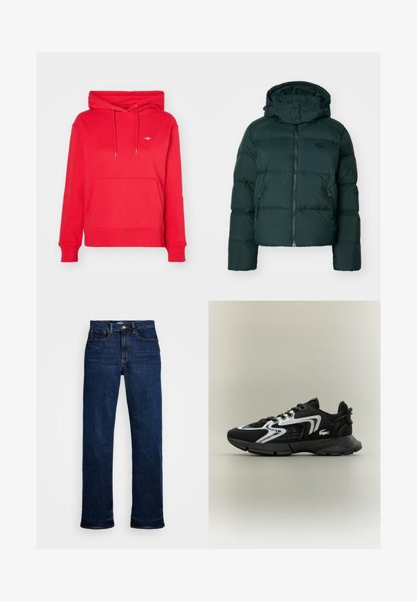 Zelená péřová bunda s vysokým límcem, zipem vpředu a bočními kapsami. Disponuje decentním logem značky na hrudi a kapucí.; GANT SHIELD HOODIE - Mikina - bright red; Tmavě modré džíny z denimu s rovnými nohavicemi, které mají pět kapes, měděné švy a klasické zapínání na knoflík.; Černé sportovní boty s mesh panely, stříbrnými akcenty a texturovanými černými překryvy. Obsahují šňůrky a zakřivenou, robustní podešev.