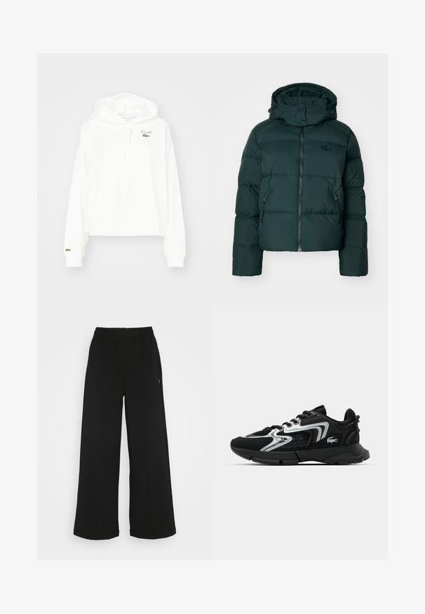 Πράσινη φούτερ ζακέτα με ψηλό γιακά, κλείσιμο με φερμουάρ μπροστά και τσέπες στο πλάι. Διαθέτει ένα διακριτικό λογότυπο της μάρκας στο στήθος και κουκούλα.; Λευκό φούτερ από μαλακό βαμβάκι, με καγκουρό τσέπη, κουκούλα με κορδόνι και μικρό πράσινο λογότυπο κροκόδειλου στο στήθος.; Μαύρο παντελόνι καμπάνα με ελαστική μέση. Κατασκευασμένο από μαλακό, ελαφρύ υλικό. Διαθέτει κάθετες ραφές κατά μήκος του μπροστινού μέρους.; Μαύρο αθλητικό παπούτσι με επάνω μέρος από πλέγμα και συνθετικά υλικά, ασημί λεπτομέρειες, στρογγυλή μύτη, επενδεδυμένος λαιμός και υφασμένο πέλμα για καλύτερη πρόσφυση.