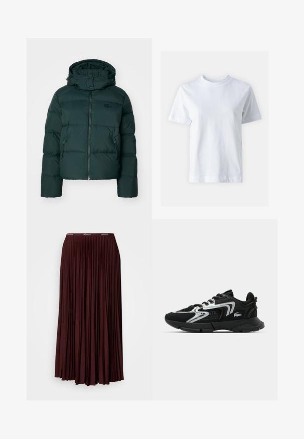 Vihreä puffatakki, jossa on korkea kaulus, vetoketjukuitti ja sivutaskut. Takissa on hienovarainen brändilogo rinnassa ja huppu.; Valkoinen puuvillainen t-paita, jossa on pyöreä pääntie, lyhyet hihat, suora leikkaus ja sileä rakenne. Ei kuvioita tai koristeluja.; Burgundin värinen laskostettu hame, joka on valmistettu pehmeästä kankaasta. Hameessa on joustava vyötärö ja hillitty logo. Täyspitkä malli, jossa on pystylaskoksia.; Juoksukengät mustana, joissa on verkosta ja synteettisestä materiaalista valmistettu päällinen, hopeiset yksityiskohdat, pyöristetty varvas, pehmustettu nilkkatuki ja karkea pohja pidon takaamiseksi.