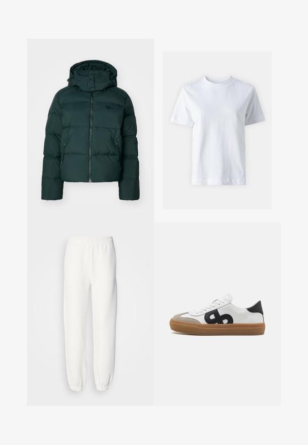 Roheline puhvjakker kõrge kraega, lukuga ees ja küljetaskutega. Omab diskreetset brändi logo rinna peal ja kapuutsi.; Valge puuvillane T-särk, ümar kaelus, lühikesed varrukad, sirge lõige ja sile tekstuur. Ilma mustrite ja kaunistusteta.; Valged dressipüksid pehmest kootud kangast. Elastne vöökoht ja mansetid tagavad mugava istuvuse. Minimalistlik disain, ilma silmapaistvate mustrite või aktsentideta.; Valge nahkne tennisek, millel on must logo, sametised aktsendid ja kummist tallad. Omab lamedaid valgeid paelu ja ümarat varvast.