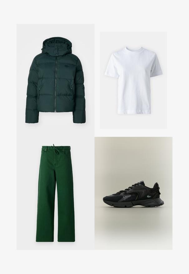 Zeleni puffer jakna s visokim ovratnikom, zatvorenim prednjim dijelom i bočnim džepovima. Ima suptilan logotip branda na prsima i kapuljaču.; Bjela pamučna majica s okruglim izrezom, kratkim rukavima, ravnim krojem i glatkom teksturom. Bez uzoraka ili ukrasa.; Zelene hlače širokih nogavica od pamuka s remenom na oblikovanje, imaju dva prednja džepa i metalne detalje. Glatka tekstura s ležernim dizajnom.; Crne atletske tenisice od mrežastih i sintetičkih materijala, s teksturiranim naglascima, vezanjem, i istaknutim logotipom sa strane.