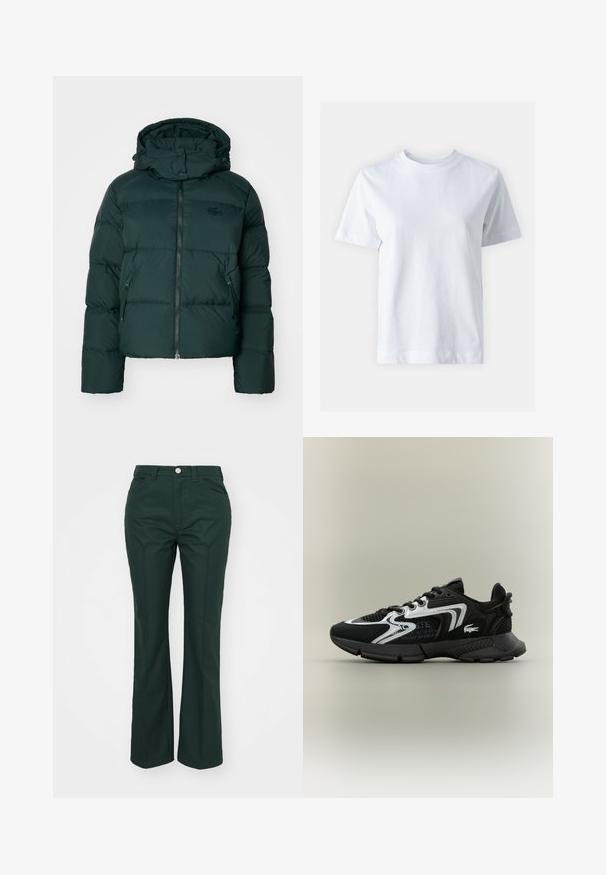 Grön puffjacka med hög krage, dragkedja fram och sidofickor. Har en subtil logotyp på bröstet och en huva.; Vit bomull t-shirt med rund halsringning, korta ärmar, rak skärning och slät textur. Inga mönster eller dekorationer.; Gröna, utsvängda byxor i ett mjukt, strukturerat tyg. Har en knappstängning fram, bälteshällor och två sidofickor.; Svarta sportskor med meshnätpaneler, silveraccenter och texturerade svarta överdrag. Har snören och en böjd, robust sula.