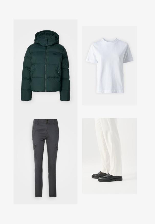 Žalia pūkinė striukė su aukštu apykakle, užtrauktuku priekyje ir šoniniais kišenėmis. Apdaila su subtiliu prekės ženklu ant krūtinės ir su kapišonu.; Balta medvilnė marškinėliai su apvalia iškirpte, trumpomis rankovėmis, tiesiu siluetu ir lygiu paviršiumi. Be raštų ar dekoracijų.; Mos Mosh TIMAF - Kareiviško stiliaus kelnės - phantom; Juodi odiniai loafersai su lygia tekstūra, siuvinėjimo detalėmis ir apvaliu pirštu, derinami su baltais pritaikytais kelniais.